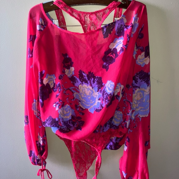 Free People  Floral Sheer Top Blouse with Attached Bodysuit - Picture 6 of 6